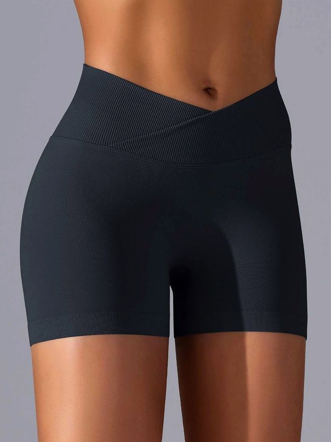 Damskie bezszwowy sportowe szorty z push-up do fitnessu z paskiem klinowym, V-shape, (czarny), M