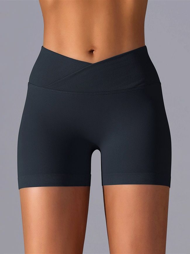 Damskie bezszwowy sportowe szorty z push-up do fitnessu z paskiem klinowym, V-shape, (czarny), M