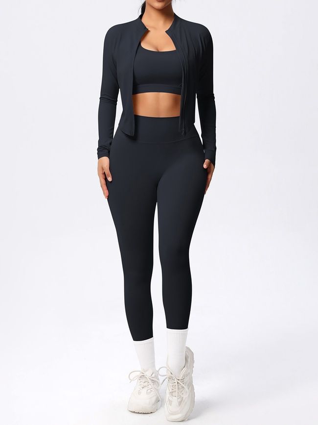 Three-piece set "Basic Fit Long" - leggings, top, rashguard, women's fitness tracksuit, (black), S