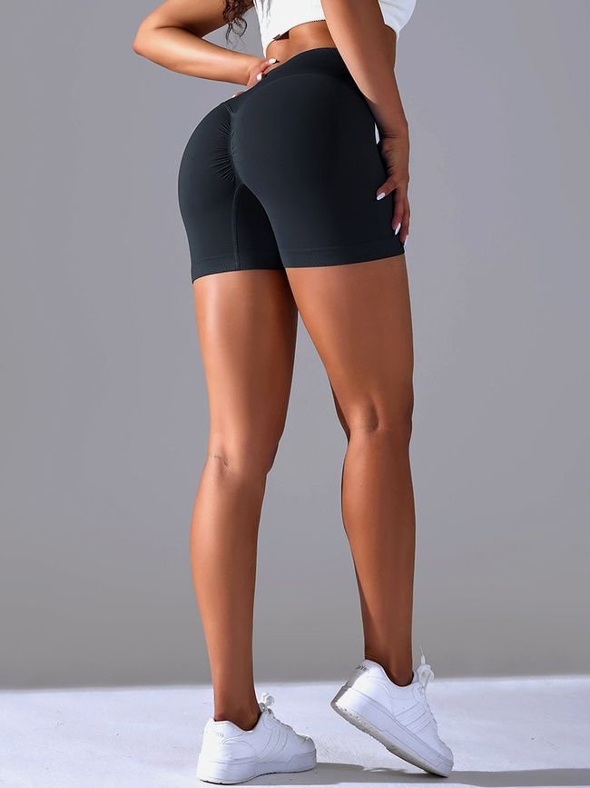 Damskie bezszwowy sportowe szorty z push-up do fitnessu z paskiem klinowym, V-shape, (czarny), M