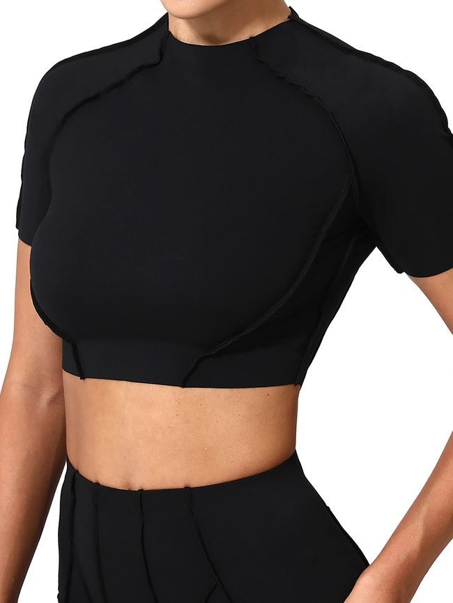 Damski dwuczęściowy komplet sportowy do fitnessu, ze szwami zewnętrznymi, crop top i szorty, Sculpt Armor, (czarny), S