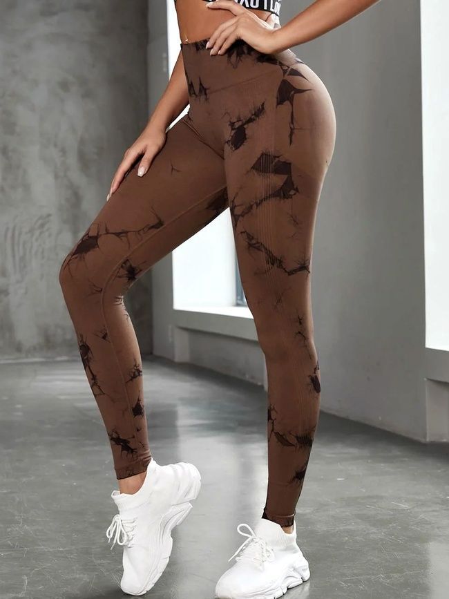 Damskie sportowe bezszwowy legginsy z push-up i paskiem w kształcie V, Storm, (brązowy), S