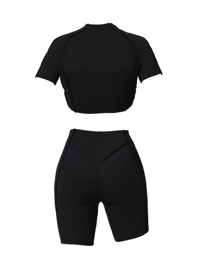 Damski dwuczęściowy komplet sportowy do fitnessu, ze szwami zewnętrznymi, crop top i szorty, Sculpt Armor, (czarny), S
