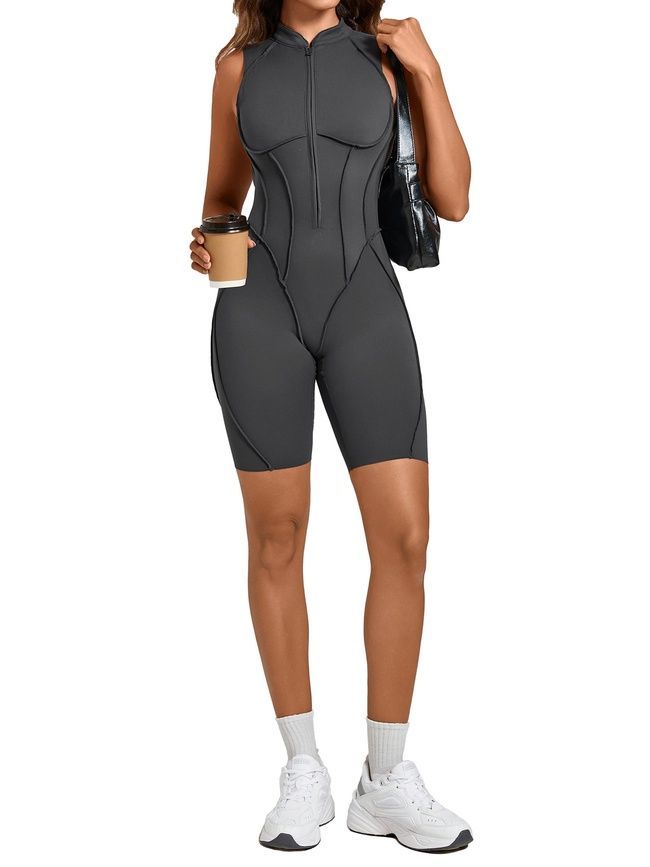 Women's fitness jumpsuit with a zipper, open back and exposed seams, Sculpt Fit, (grey), S