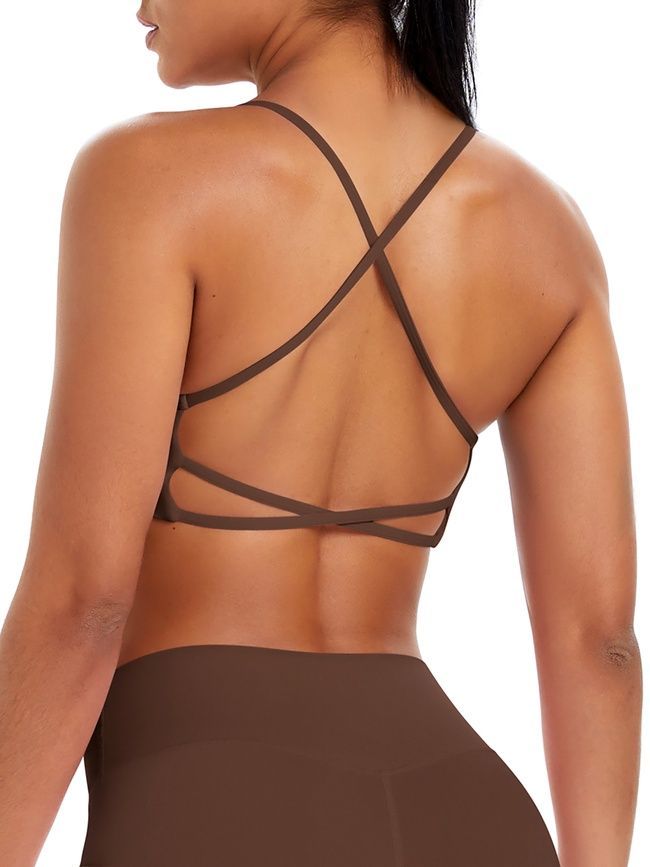 Women's sports top "Basic Cross" with removable push-up cups for fitness, (chocolate), S