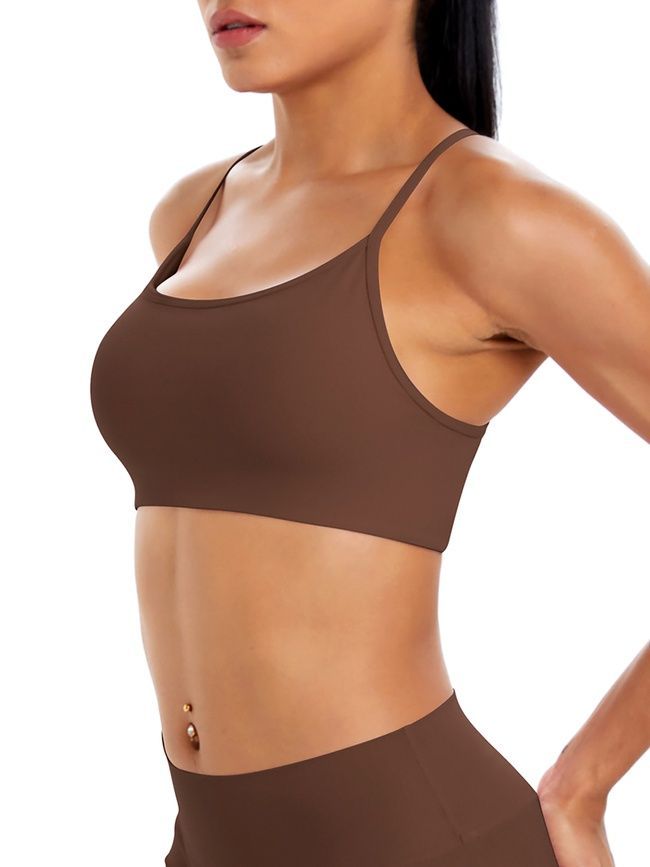 Women's sports top "Basic Cross" with removable push-up cups for fitness, (chocolate), S
