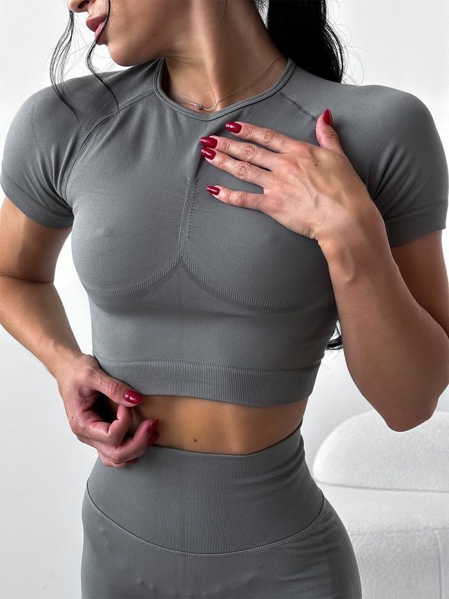 Damski komplet dwuczęściowy do fitnessu - crop-top i szorty z push-upem, bezszwowy, Classic, (szary), S