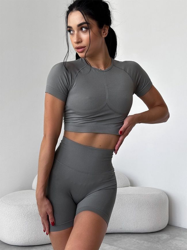 Damski komplet dwuczęściowy do fitnessu - crop-top i szorty z push-upem, bezszwowy, Classic, (szary), S
