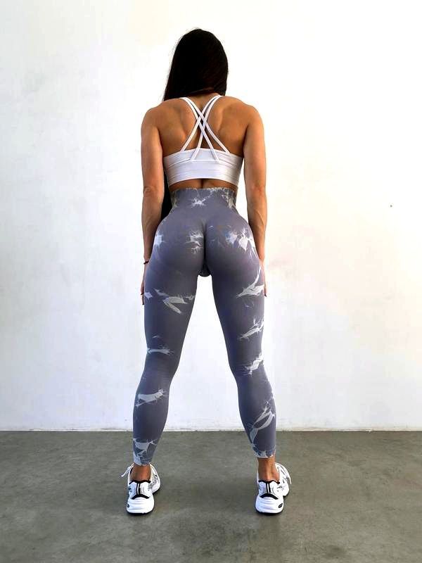 Damskie sportowe bezszwowy legginsy z push-up i paskiem w kształcie V, Tie-Dye, (szary), S