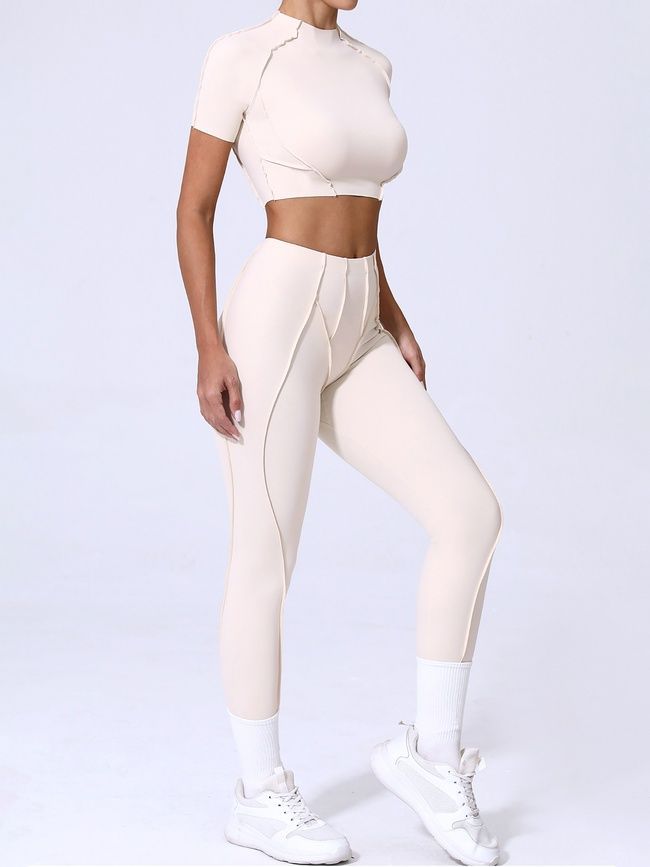 Damski sportowy zestaw do fitnessu z widocznymi szwami, crop top i legginsy, Sculpt Shape, (szampański), L
