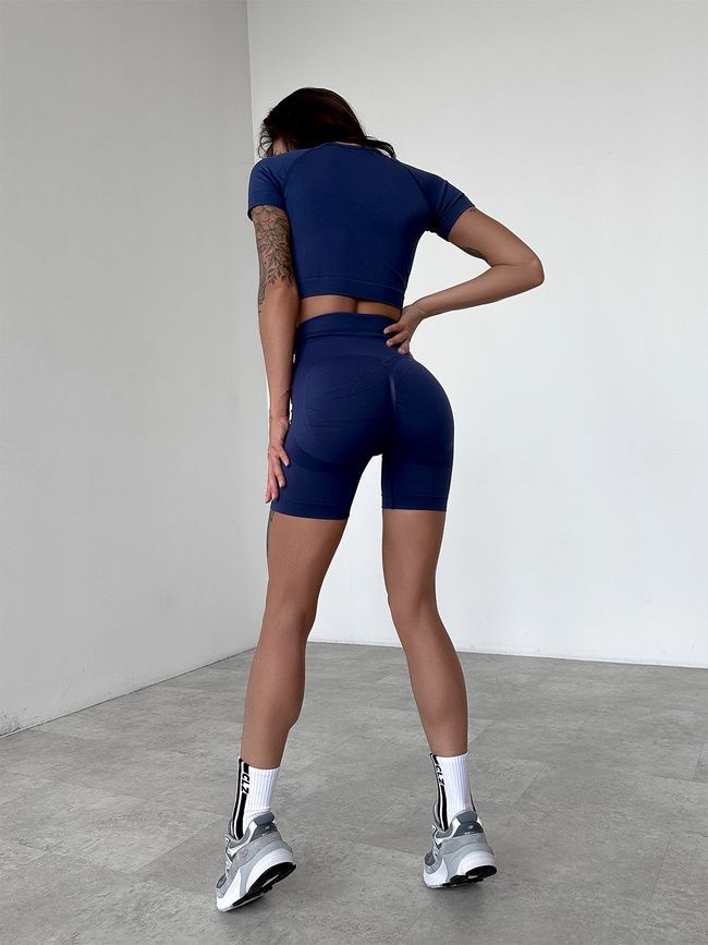 Women's fitness two-piece set - seamless crop-top and shorts with push-up, Classic, (dark blue), S