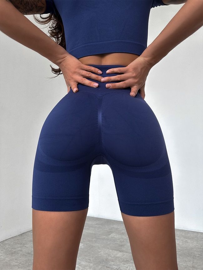 Women's fitness two-piece set - seamless crop-top and shorts with push-up, Classic, (dark blue), S