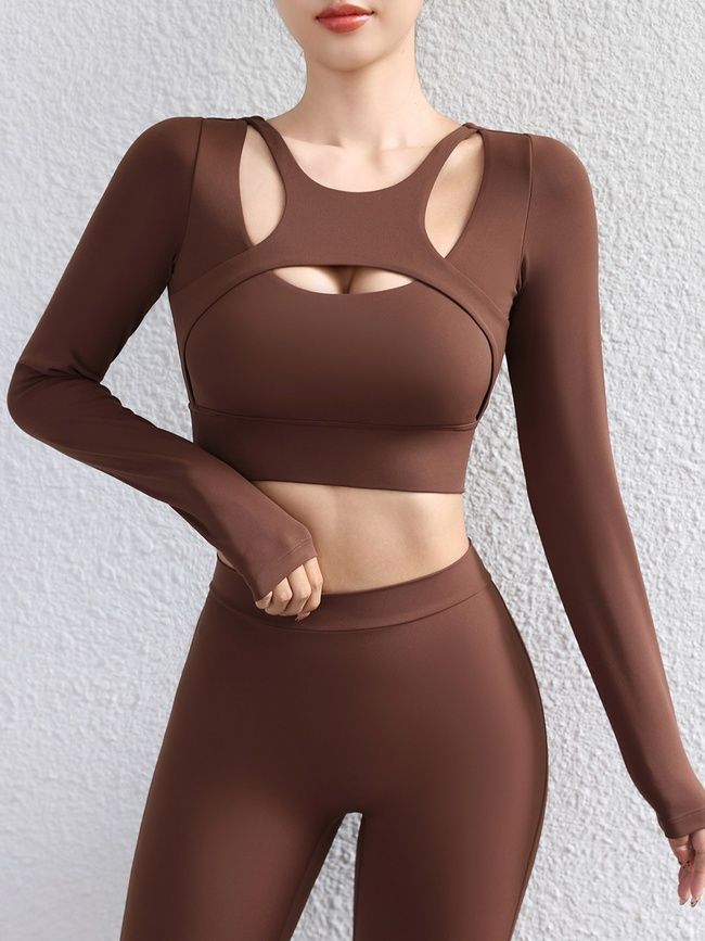 Damski rashguard sportowy z push-up i wyjmowanymi miseczkami, Balance, (czekoladowy), L