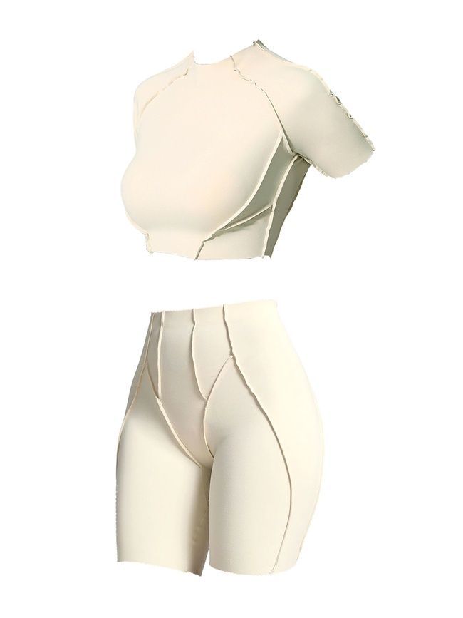 Damski dwuczęściowy komplet sportowy do fitnessu, ze szwami zewnętrznymi, crop top i szorty, Sculpt Armor, (szampański), L