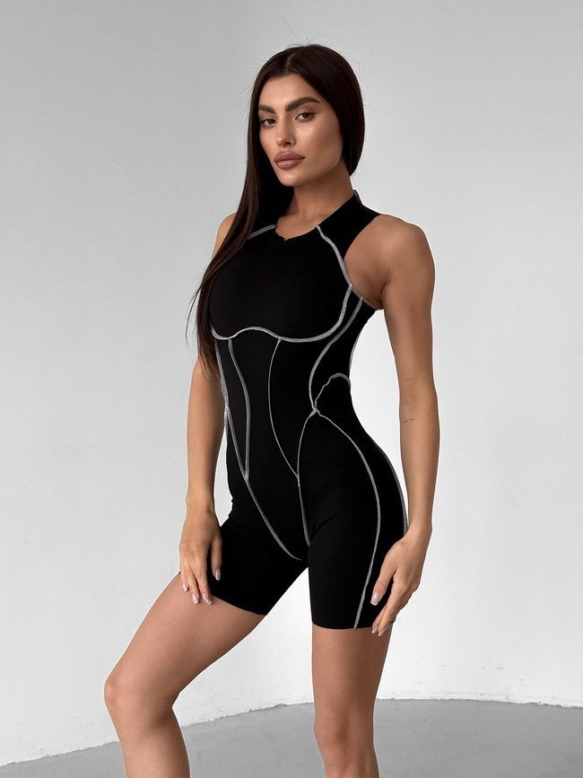Damski skr&oacute;cony kombinezon sportowy do fitnessu z odkrytymi plecami i szwami, Sculpt Curve, (czarno-biały), S
