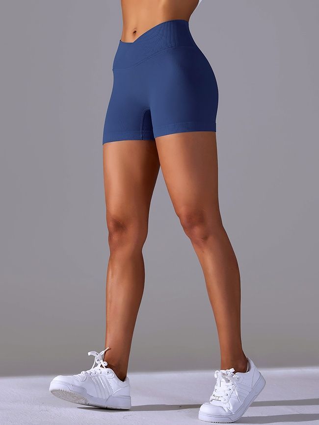Women's seamless sports shorts with push-up for fitness with V-belt, V-shape, (dark blue), S
