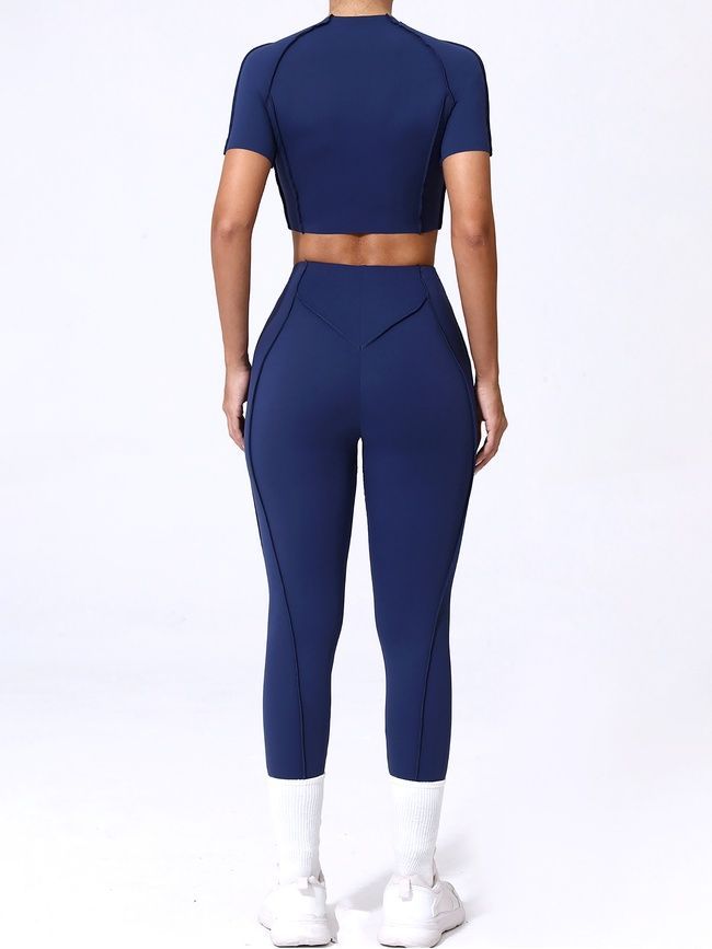Women&rsquo;s fitness sports set with external seams, crop top and leggings, Sculpt Shape, (dark blue), S