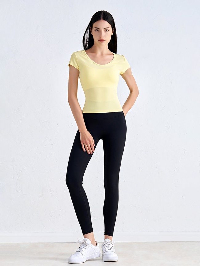 Women's sports T-shirt for fitness with a wide neck, Second Skin, (yellow), S