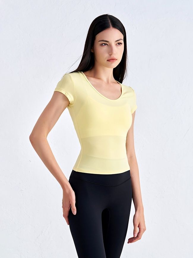 Women's sports T-shirt for fitness with a wide neck, Second Skin, (yellow), S