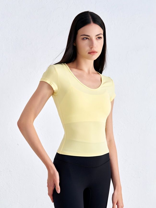 Women's sports T-shirt for fitness with a wide neck, Second Skin, (yellow), S