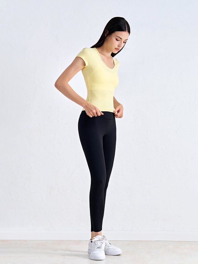 Women's sports T-shirt for fitness with a wide neck, Second Skin, (yellow), S
