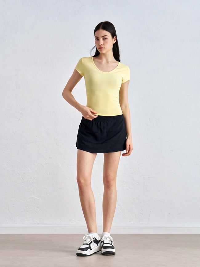 Women's sports T-shirt for fitness with a wide neck, Second Skin, (yellow), S