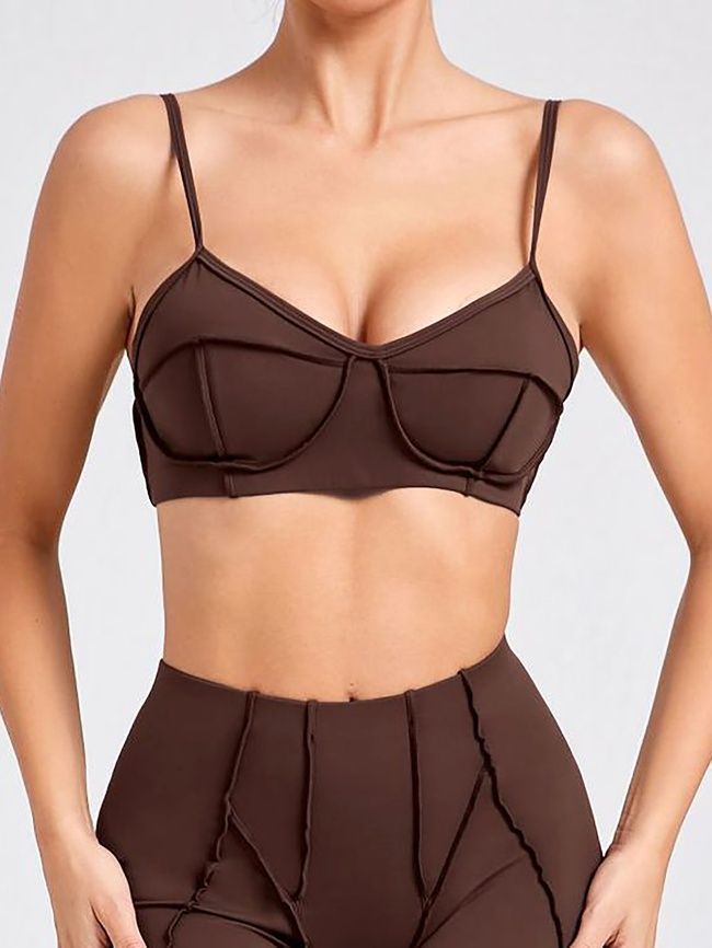 Women's push-up sports top for fitness with removable cups and external seams, Sculpt Bra, (chocolate), S