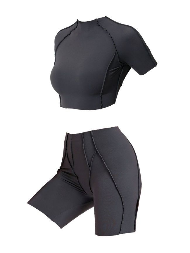 Damski dwuczęściowy komplet sportowy do fitnessu, ze szwami zewnętrznymi, crop top i szorty, Sculpt Armor, (ciemno szary), L