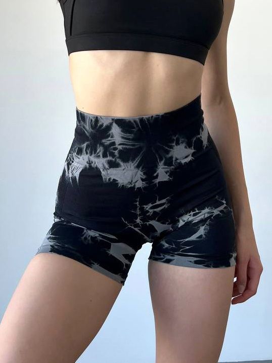 Damskie sportowe szorty z push-up do fitnessu, bezszwowy, Tie-Dye, (czarny), L