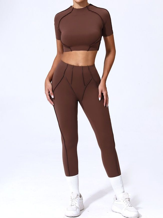 Women&rsquo;s fitness sports set with external seams, crop top and leggings, Sculpt Shape, (chocolate), S