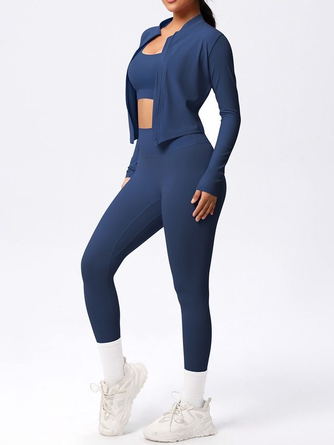 Three-piece set "Basic Fit Long" - leggings, top, rashguard, women's fitness tracksuit, (dark blue), M
