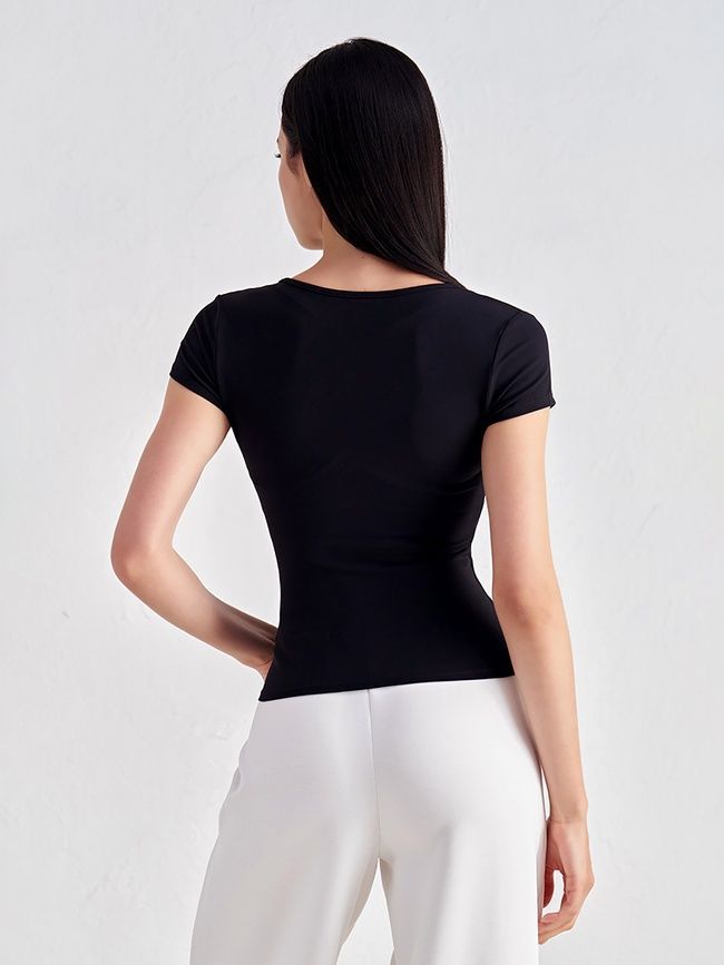 Damska koszulka sportowa do fitnessu z szerokim dekoltem, Second Skin, (czarna), M