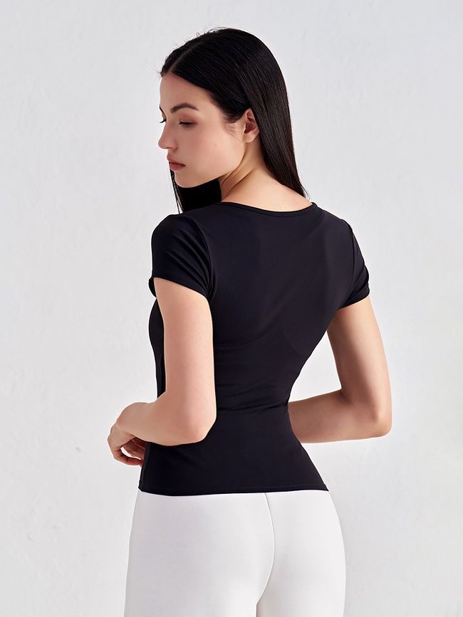 Damska koszulka sportowa do fitnessu z szerokim dekoltem, Second Skin, (czarna), M