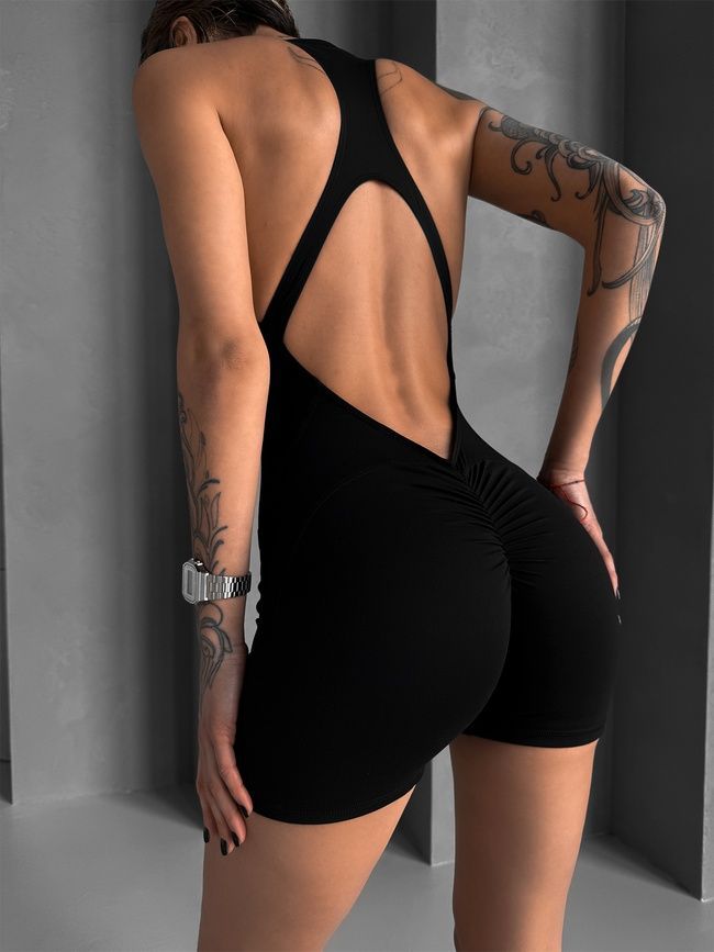 Women's fitness jumpsuit with zipper, shorts-style, and open back, Shadow Fit, (black), M