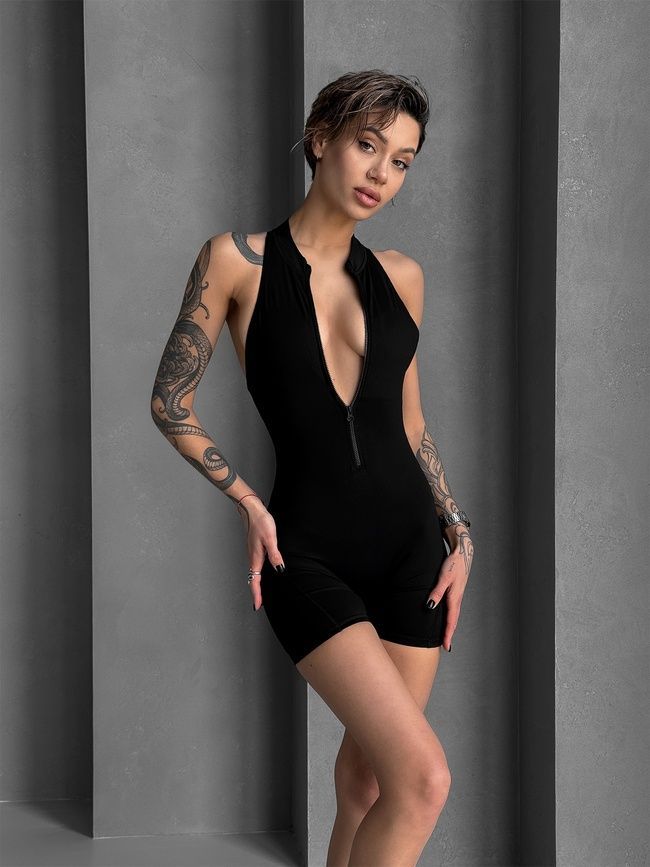 Women's fitness jumpsuit with zipper, shorts-style, and open back, Shadow Fit, (black), M