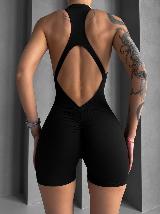 Women's fitness jumpsuit with zipper, shorts-style, and open back, Shadow Fit, (black), M