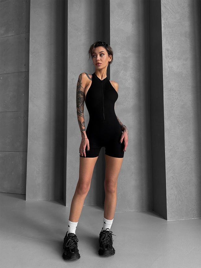 Women's fitness jumpsuit with zipper, shorts-style, and open back, Shadow Fit, (black), M