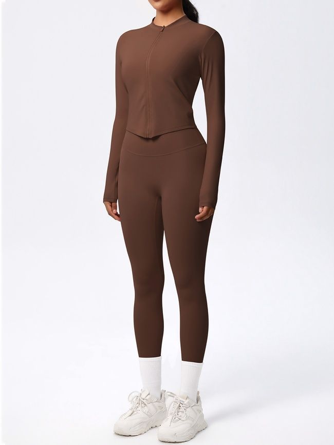 Three-piece set "Basic Fit Long" - leggings, top, rashguard, women's fitness tracksuit, (chocolate), M