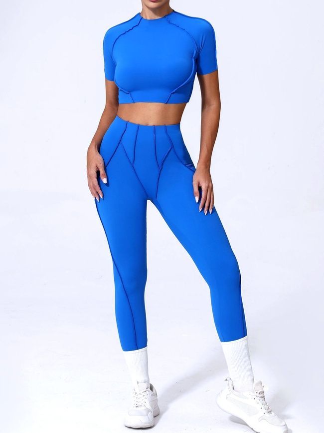 Women&rsquo;s fitness sports set with external seams, crop top and leggings, Sculpt Shape, (electric blue), S
