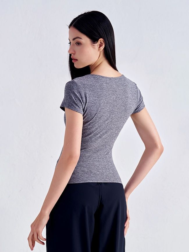 Women's sports T-shirt for fitness with a wide neck, Second Skin, (gray), S