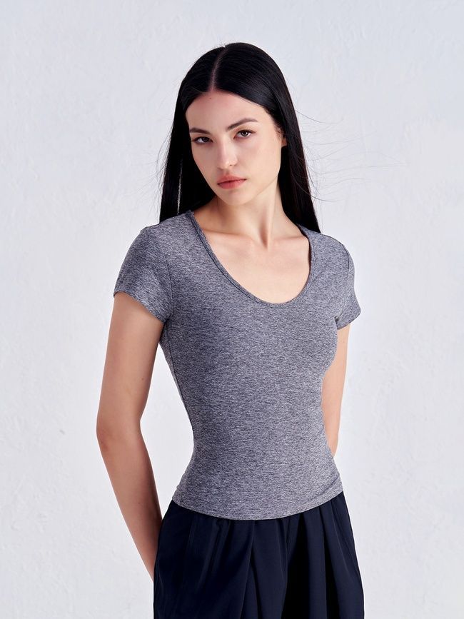 Women's sports T-shirt for fitness with a wide neck, Second Skin, (gray), S