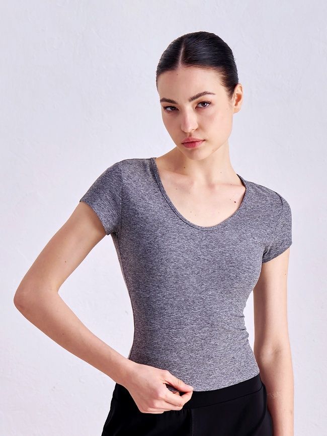 Women's sports T-shirt for fitness with a wide neck, Second Skin, (gray), S