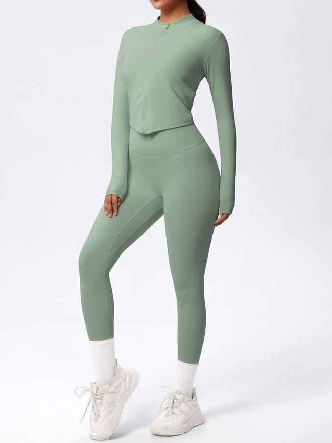 Three-piece set "Basic Fit Long" - leggings, top, rashguard, women's fitness tracksuit, (pistache), S