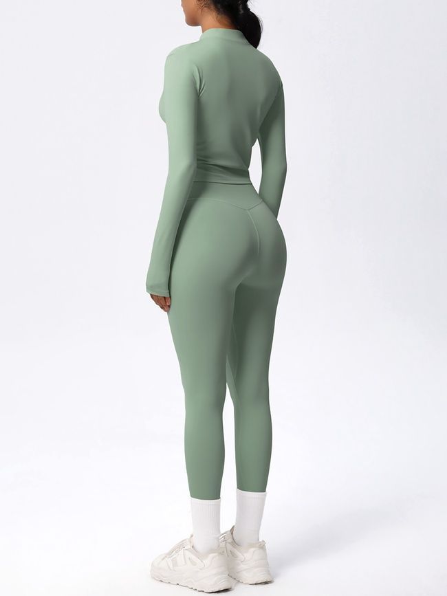 Three-piece set "Basic Fit Long" - leggings, top, rashguard, women's fitness tracksuit, (pistache), S