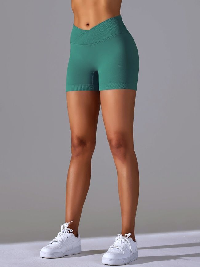 Damskie bezszwowy sportowe szorty z push-up do fitnessu z paskiem klinowym, V-shape, (szmaragd), L