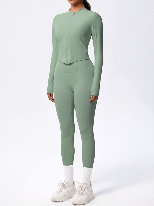 Three-piece set "Basic Fit Long" - leggings, top, rashguard, women's fitness tracksuit, (pistache), L
