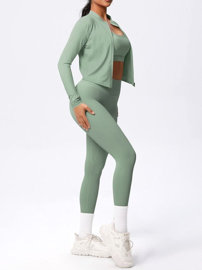 Three-piece set "Basic Fit Long" - leggings, top, rashguard, women's fitness tracksuit, (pistache), L