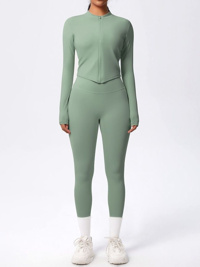 Three-piece set "Basic Fit Long" - leggings, top, rashguard, women's fitness tracksuit, (pistache), L