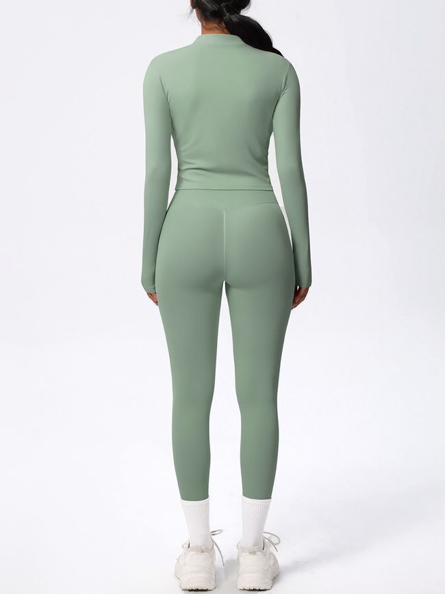Three-piece set "Basic Fit Long" - leggings, top, rashguard, women's fitness tracksuit, (pistache), L