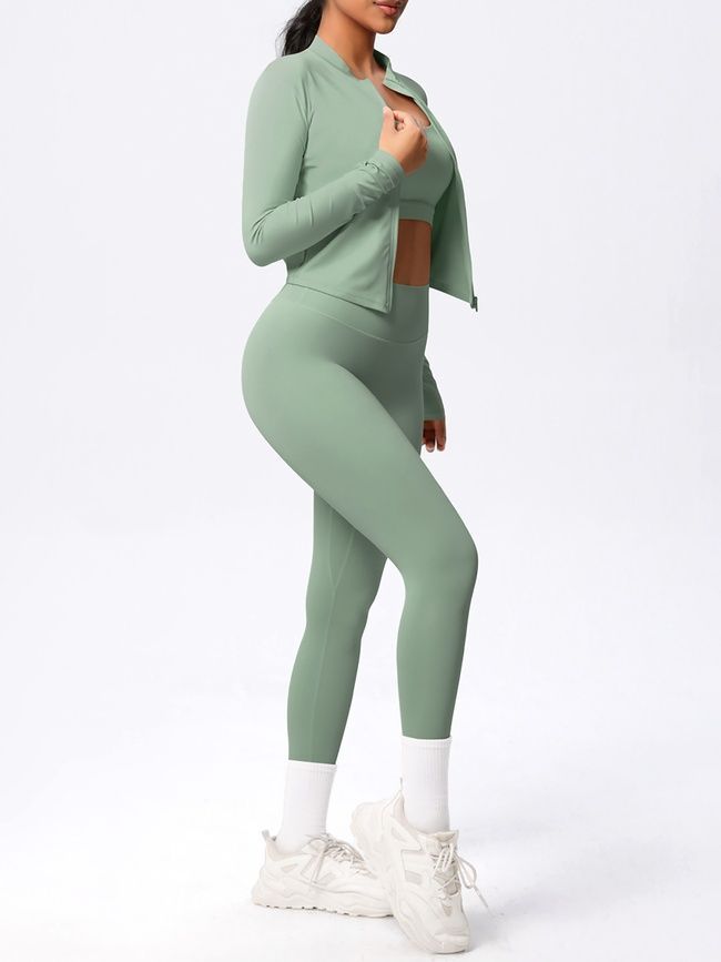 Three-piece set "Basic Fit Long" - leggings, top, rashguard, women's fitness tracksuit, (pistache), L
